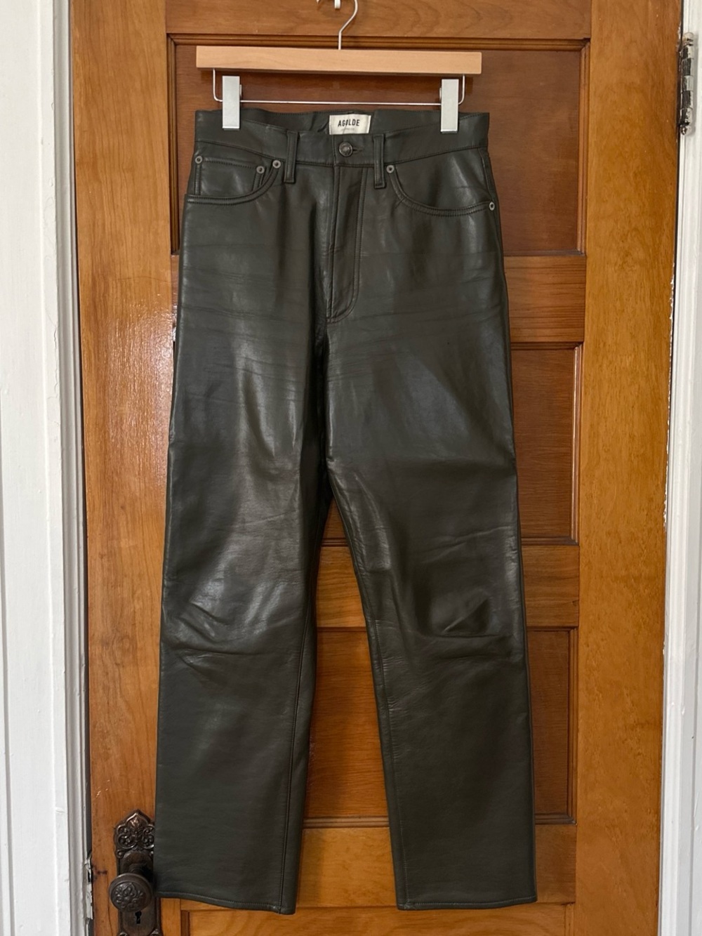 Agolde olive green vegan leather straight leg trousers